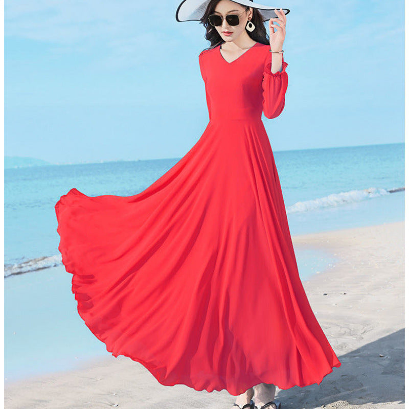 Women’s Chiffon/Polyester Large Swing Dress – Long Sleeve, Solid Color, Urban Temperament Commute Style