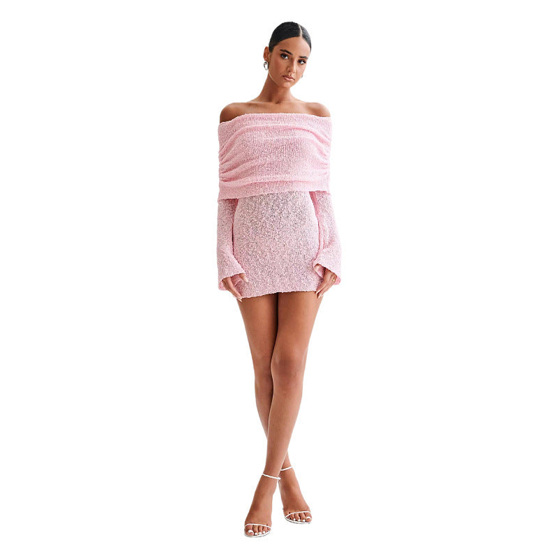 Women’s Spring Summer Knitted Mini Dress – Off Shoulder Long Sleeve Bodycon Party Dress hanyelevate