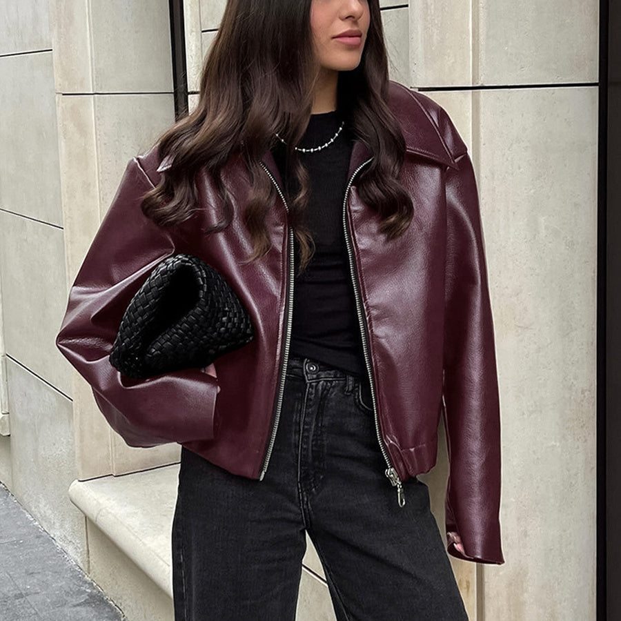 Women’s Solid Color Leather Jacket – Fashion Lapel Zipper Long Sleeve Coat hanyelevate