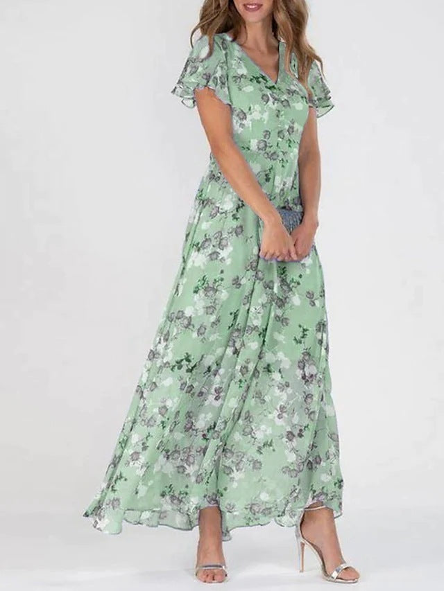 Women’s Casual Floral Dress – Short Sleeve Ruffle Summer Beach Dress hanyelevate