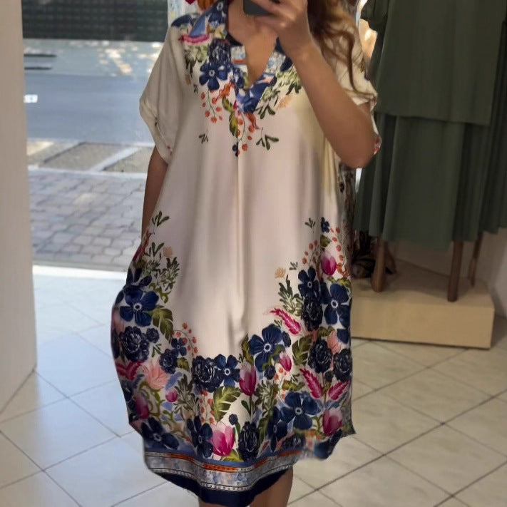 High-Waist Floral Print Lantern Sleeve Pullover Dress – Mid-Length Elegant Style