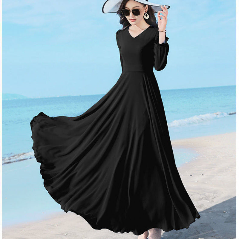Women’s Chiffon/Polyester Large Swing Dress – Long Sleeve, Solid Color, Urban Temperament Commute Style