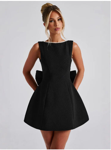 Elegant Backless A-Line Dress for Women – Sleeveless Slim Fit with Pearl & Bow Detail hanyelevate