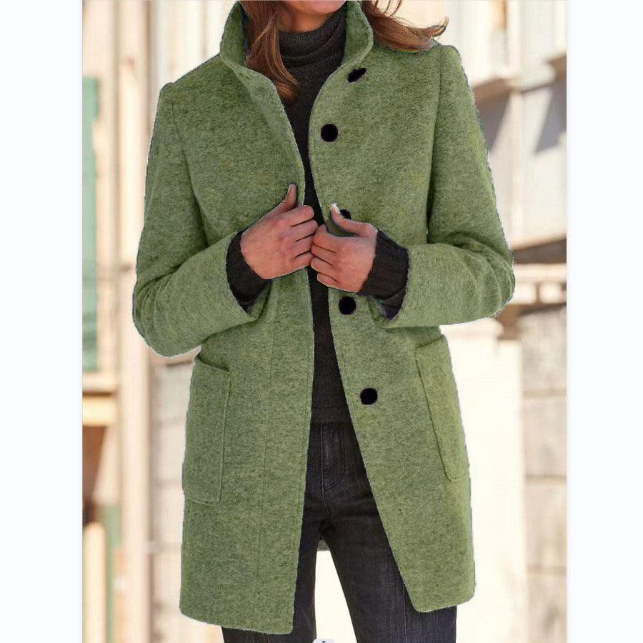 Women’s Stand Collar Woolen Coat – Casual Fall Winter Button Outwear with Pockets hanyelevate