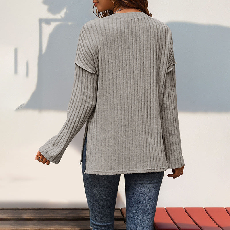 Women’s Japanese Korean Casual Pullover – Khaki Hollow Stripe Top with Button Detail | S–XL
