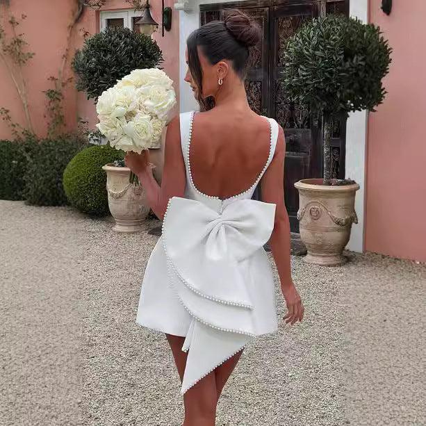 Elegant Backless A-Line Dress for Women – Sleeveless Slim Fit with Pearl & Bow Detail hanyelevate