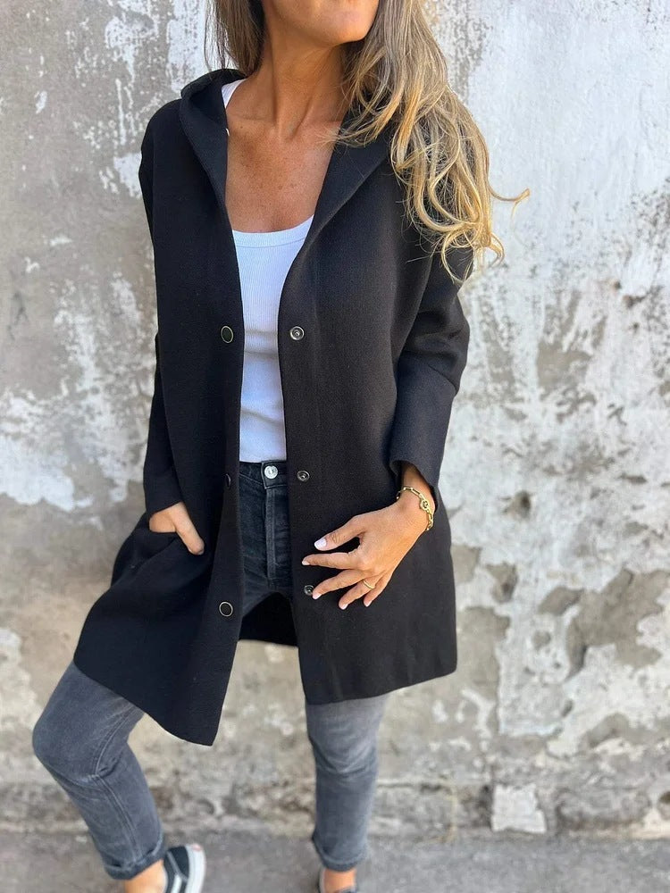 Women’s Casual Hooded Single-Breasted Cardigan – Loose Solid Color Jacket for Spring & Autumn hanyelevate