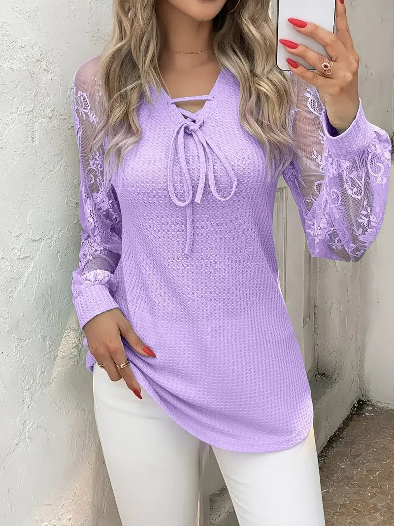 Women’s Solid Color Lace Pullover Top – Spandex | Green, Purple, Khaki | S–2XL hanyelevate