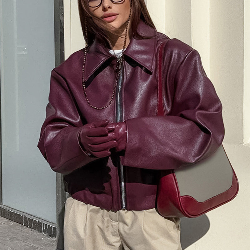 Women’s Solid Color Leather Jacket – Fashion Lapel Zipper Long Sleeve Coat hanyelevate