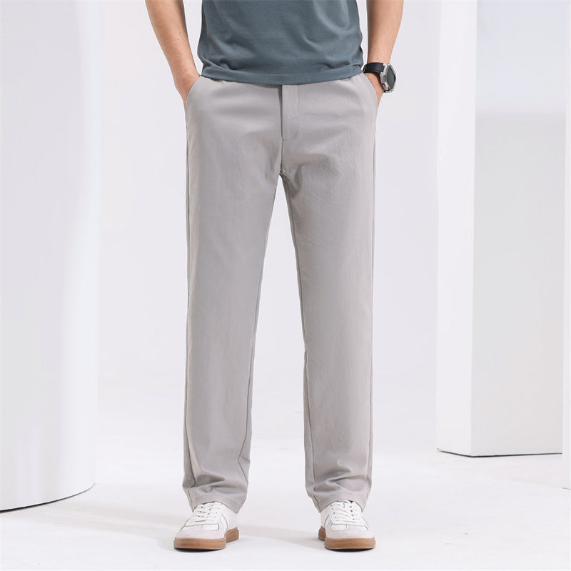 Men’s Youth Basic Mid-Waist Trousers – Thin Polyester Blend, Zipper Fly Casual Pants