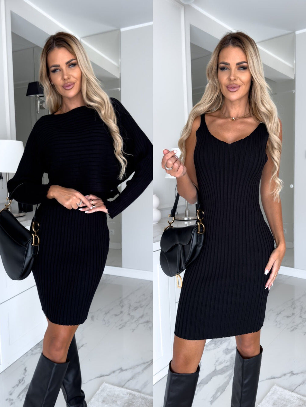 Women’s 2-Piece Autumn Winter Outfit – Long-Sleeve Stripe Top & Slim Suspender Skirt Set hanyelevate