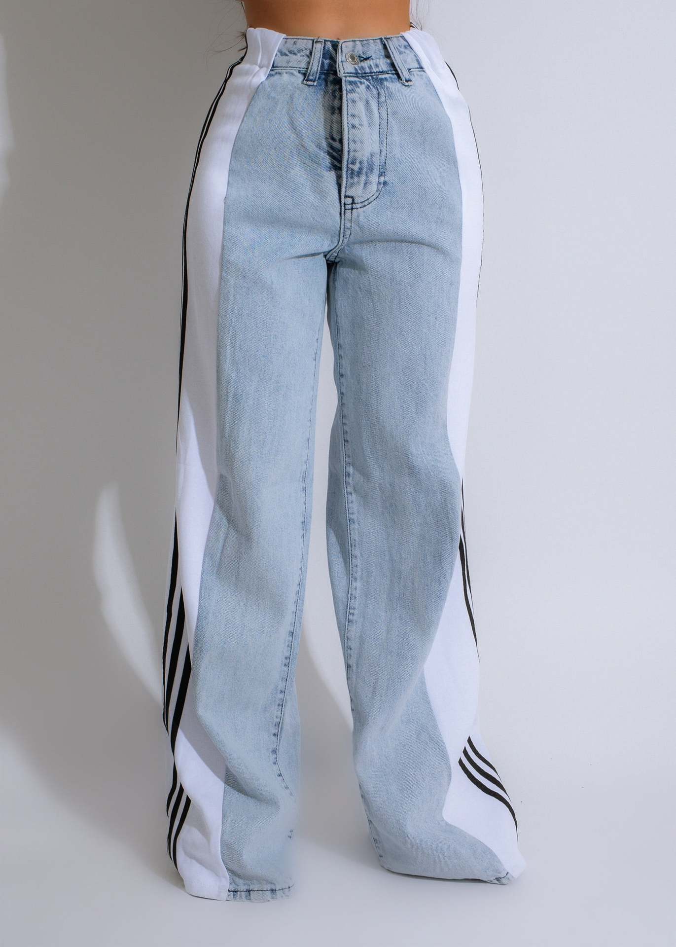 2025 Fashion Casual High Waist Elastic Straight Leg Denim Trousers – Three Stripe Patchwork Wide Leg Pants hanyelevate