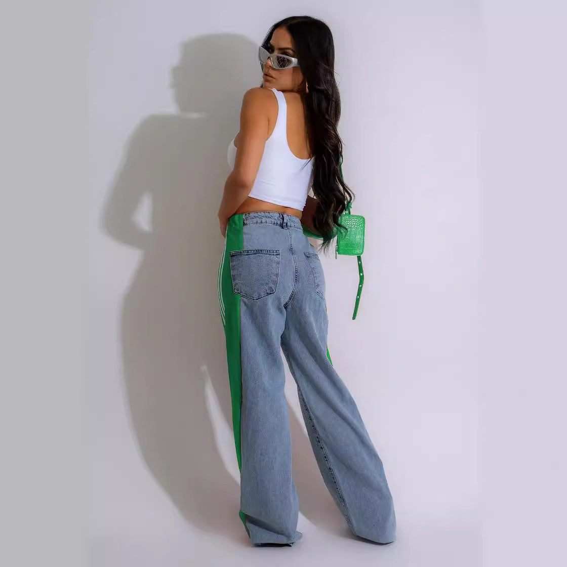 2025 Fashion Casual High Waist Elastic Straight Leg Denim Trousers – Three Stripe Patchwork Wide Leg Pants hanyelevate