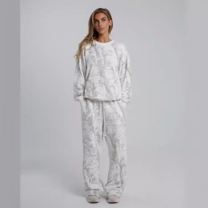 2025 Autumn Winter Women’s Camouflage Two-Piece Set – Maple Leaf Print Hoodie & Sweatpants hanyelevate