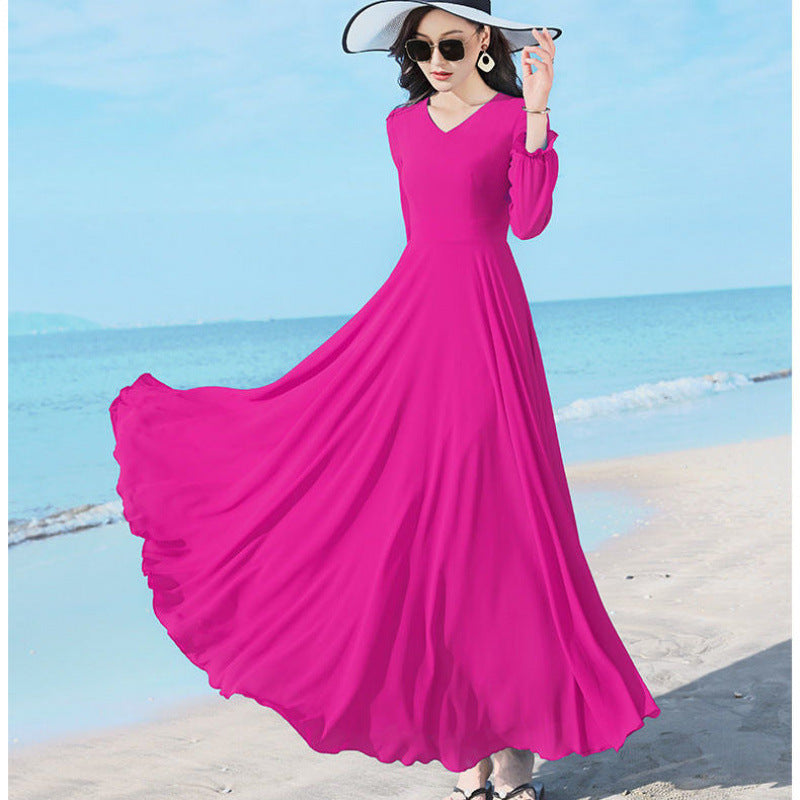 Women’s Chiffon/Polyester Large Swing Dress – Long Sleeve, Solid Color, Urban Temperament Commute Style