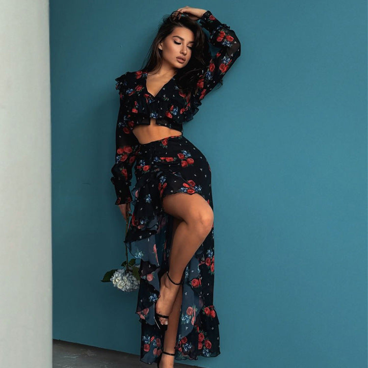 Women’s Sexy Floral Print Long Dress – Ruffle Hem, Long Sleeve Maxi Dress | S–L | Polyester