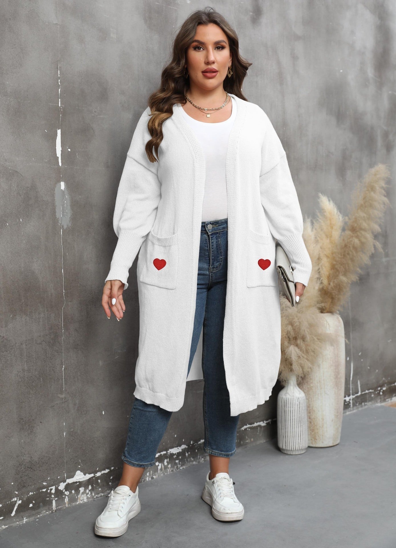 Plus Size Mid-Length Knit Cardigan for Women – Love Pattern, Lantern Sleeves, and Pockets hanyelevate