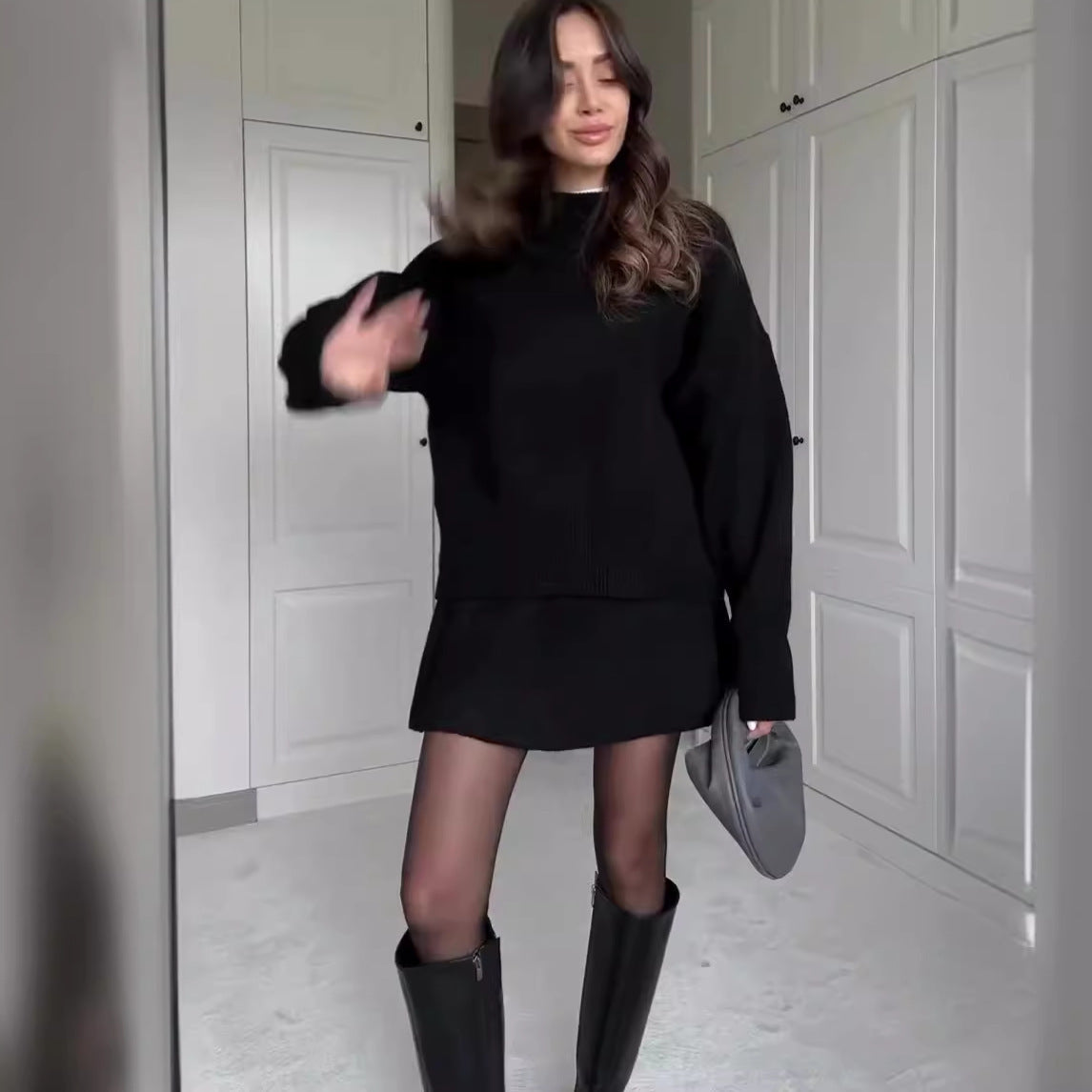 Women’s 2-Piece Sweater Skirt Set – Knit Long Sleeve Pullover & High Waist Mini Skirt hanyelevate
