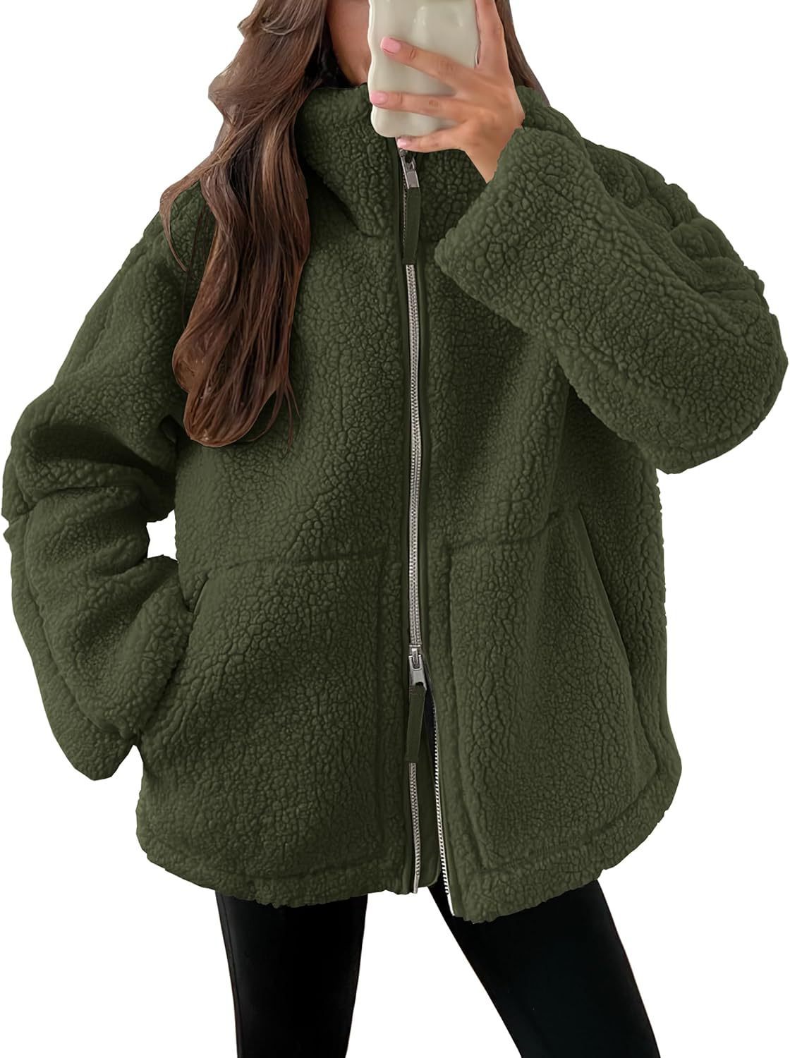 Women’s Cozy Winter Zip-Up Coat – Lapel Collar Fleece Jacket with Pockets hanyelevate