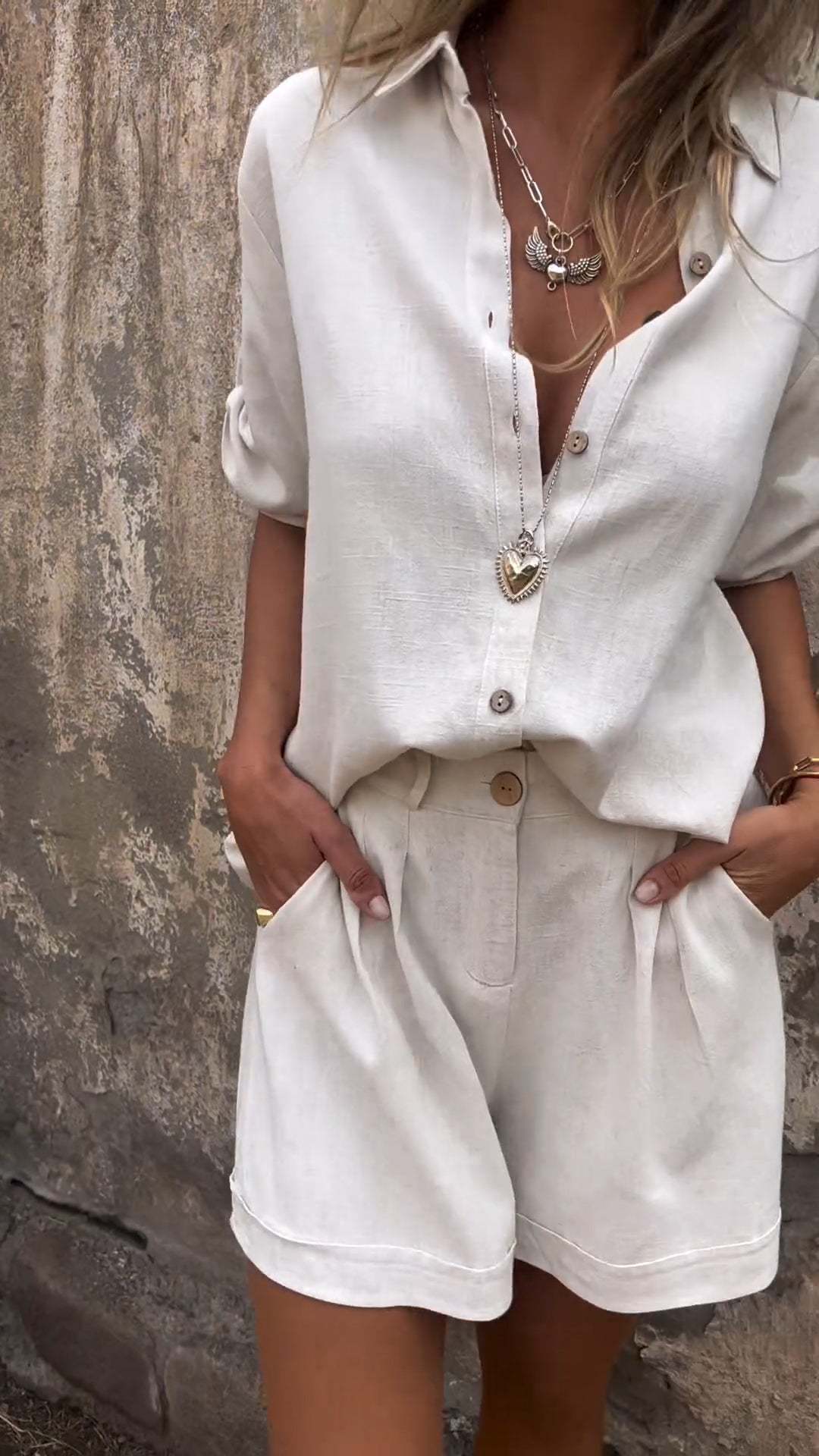 Trendy Women’s Short Sleeve Suit Set – Lapel Shirt and Shorts with Pockets hanyelevate