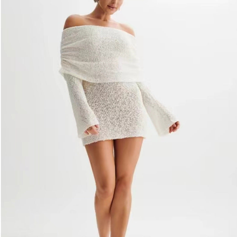 Women’s Spring Summer Knitted Mini Dress – Off Shoulder Long Sleeve Bodycon Party Dress hanyelevate