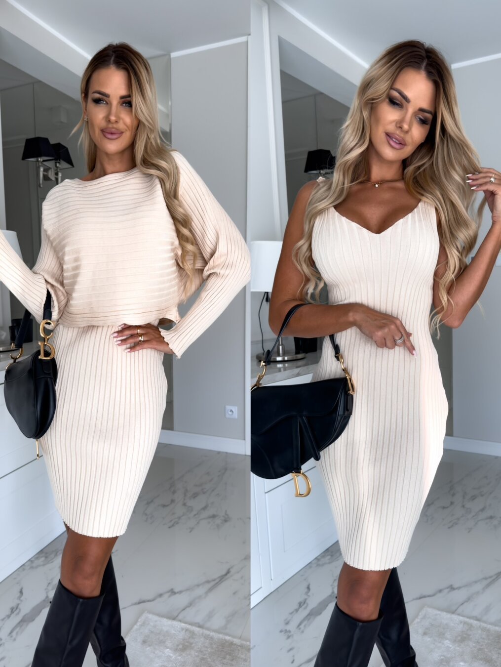 Women’s 2-Piece Autumn Winter Outfit – Long-Sleeve Stripe Top & Slim Suspender Skirt Set hanyelevate