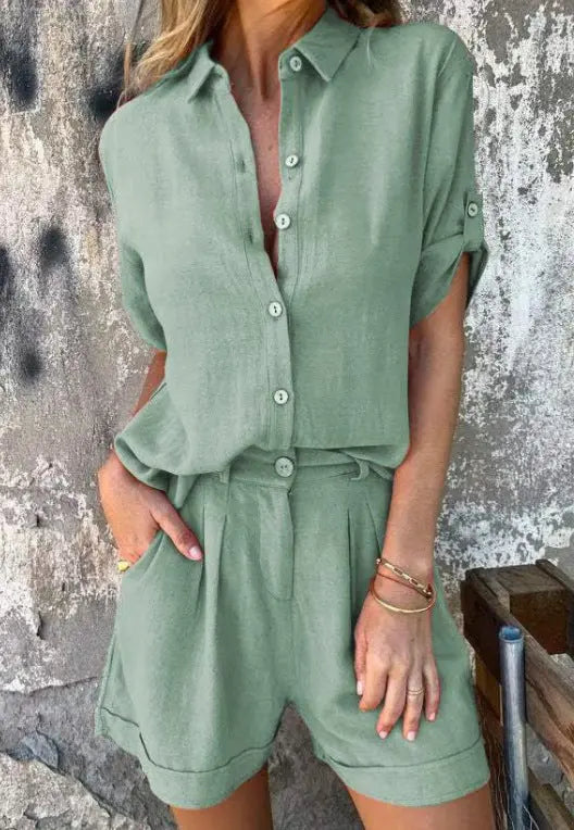 Trendy Women’s Short Sleeve Suit Set – Lapel Shirt and Shorts with Pockets hanyelevate