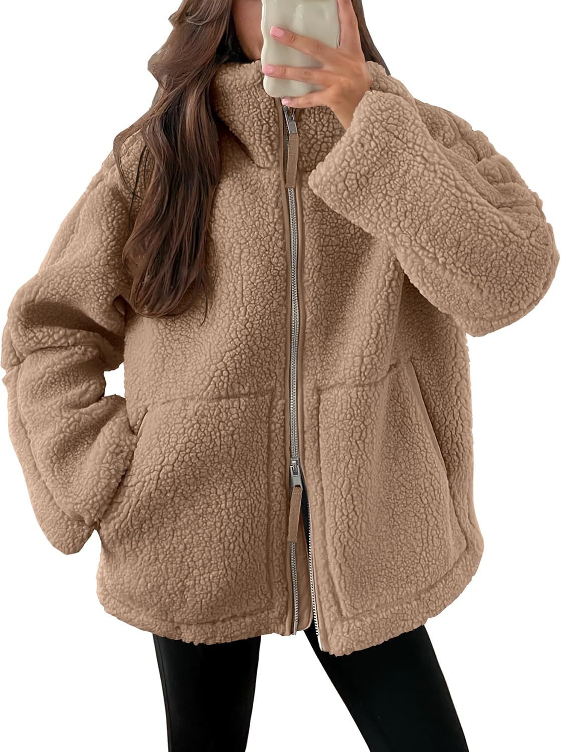 Women’s Cozy Winter Zip-Up Coat – Lapel Collar Fleece Jacket with Pockets hanyelevate