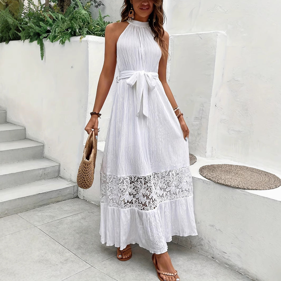 Women’s White Lace Long Dress – Sleeveless Pullover Maxi Dress | Elastic Waist | S–XL | Korean & Japanese Casual Style
