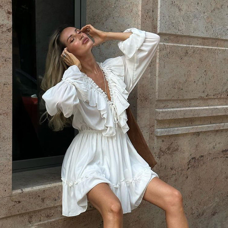 Women’s Short Dress with V Neck and Flared Sleeves – Pleated Ruffle Detail hanyelevate