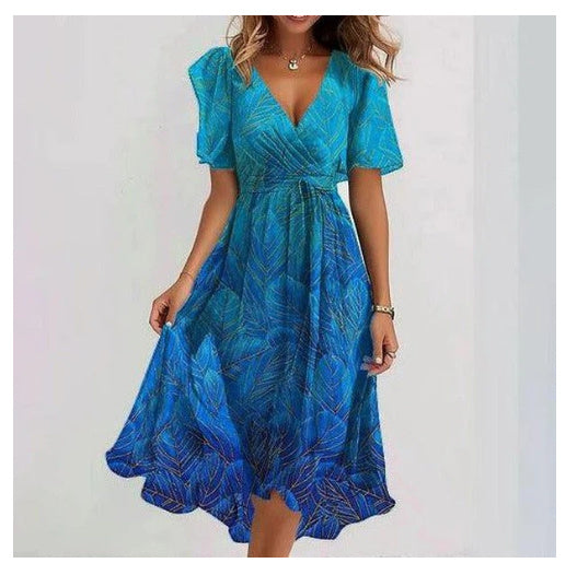 Women’s Summer Chiffon Dress – Elegant V-Neck Printed Short Sleeve Dress hanyelevate