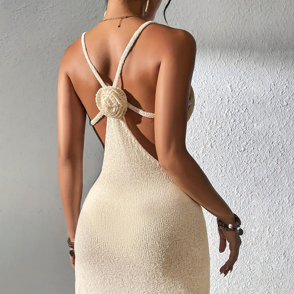 Women’s Apricot Suspender Dress – Solid Color Hollow Out Sling Style | S–L | Knitted Polyester