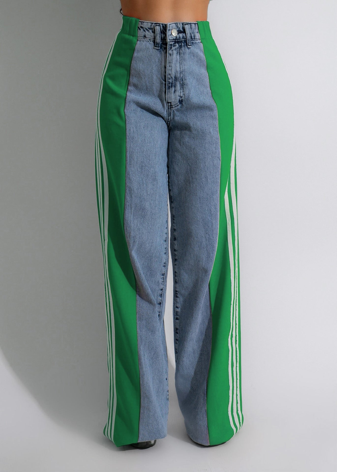 2025 Fashion Casual High Waist Elastic Straight Leg Denim Trousers – Three Stripe Patchwork Wide Leg Pants hanyelevate
