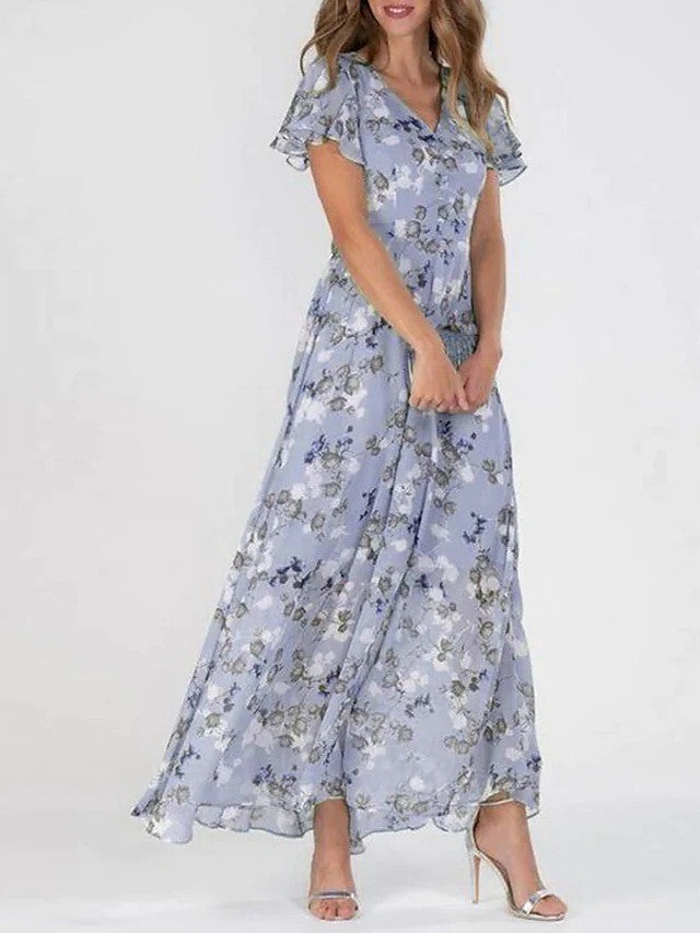 Women’s Casual Floral Dress – Short Sleeve Ruffle Summer Beach Dress hanyelevate