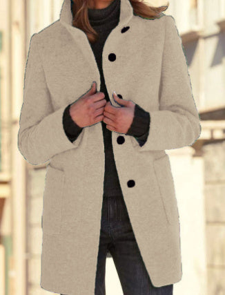 Women’s Stand Collar Woolen Coat – Casual Fall Winter Button Outwear with Pockets hanyelevate