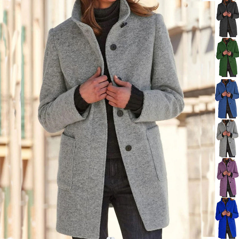 Women’s Stand Collar Woolen Coat – Casual Fall Winter Button Outwear with Pockets hanyelevate