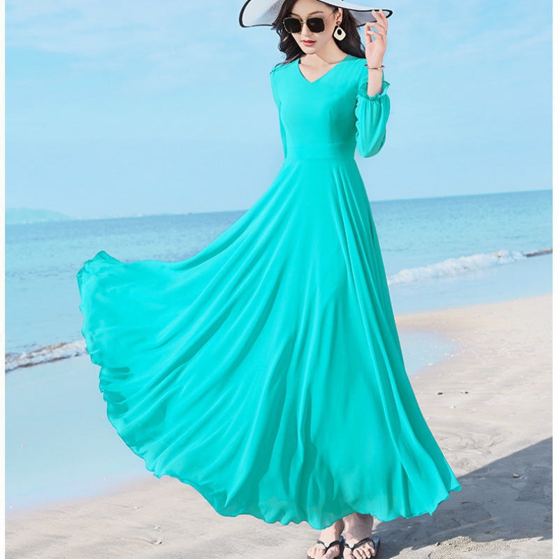 Women’s Chiffon/Polyester Large Swing Dress – Long Sleeve, Solid Color, Urban Temperament Commute Style