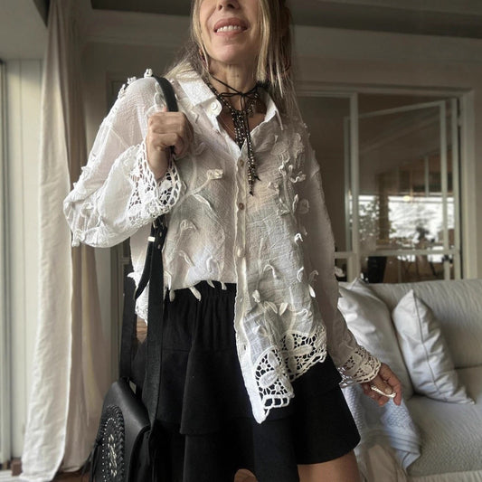 Women’s Solid Color Crochet Flower Embroidered Cotton Blouse – Long Sleeve Loose Fit