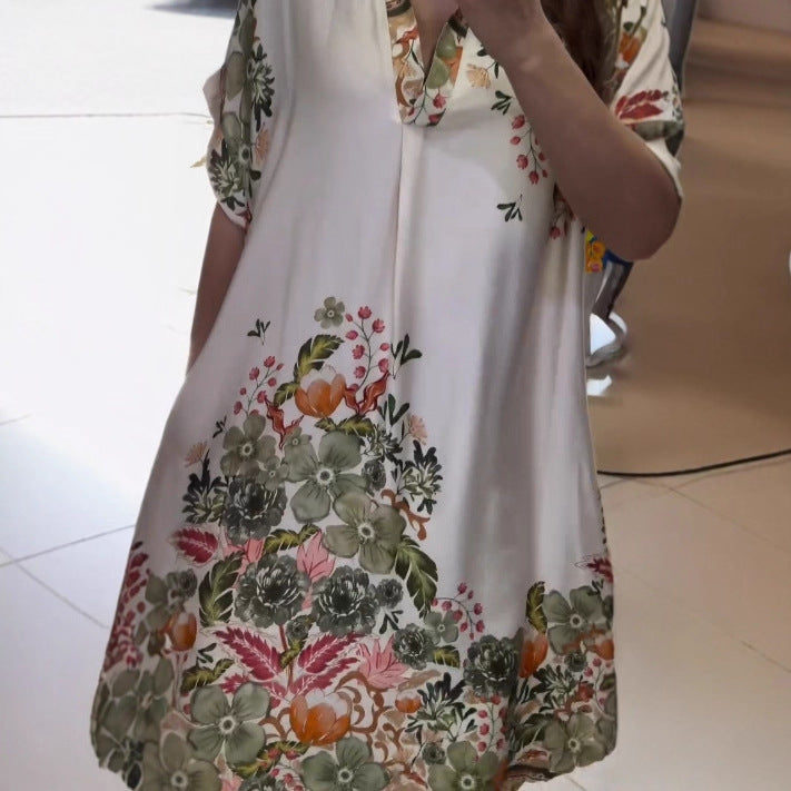 High-Waist Floral Print Lantern Sleeve Pullover Dress – Mid-Length Elegant Style