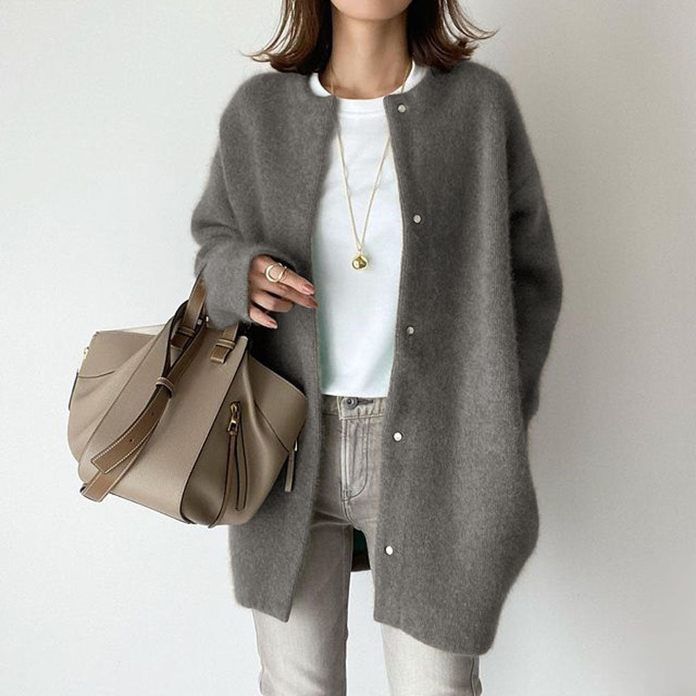 Autumn & Winter Women’s Solid Color Cardigan – Loose Round Neck Single Breasted Coat hanyelevate