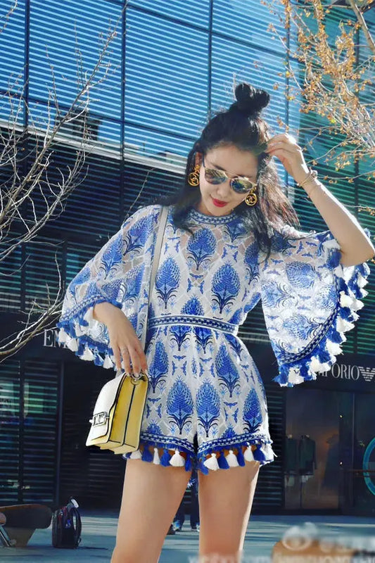 Lace embroidered trumpet sleeves fringed dress pants hanyelevate