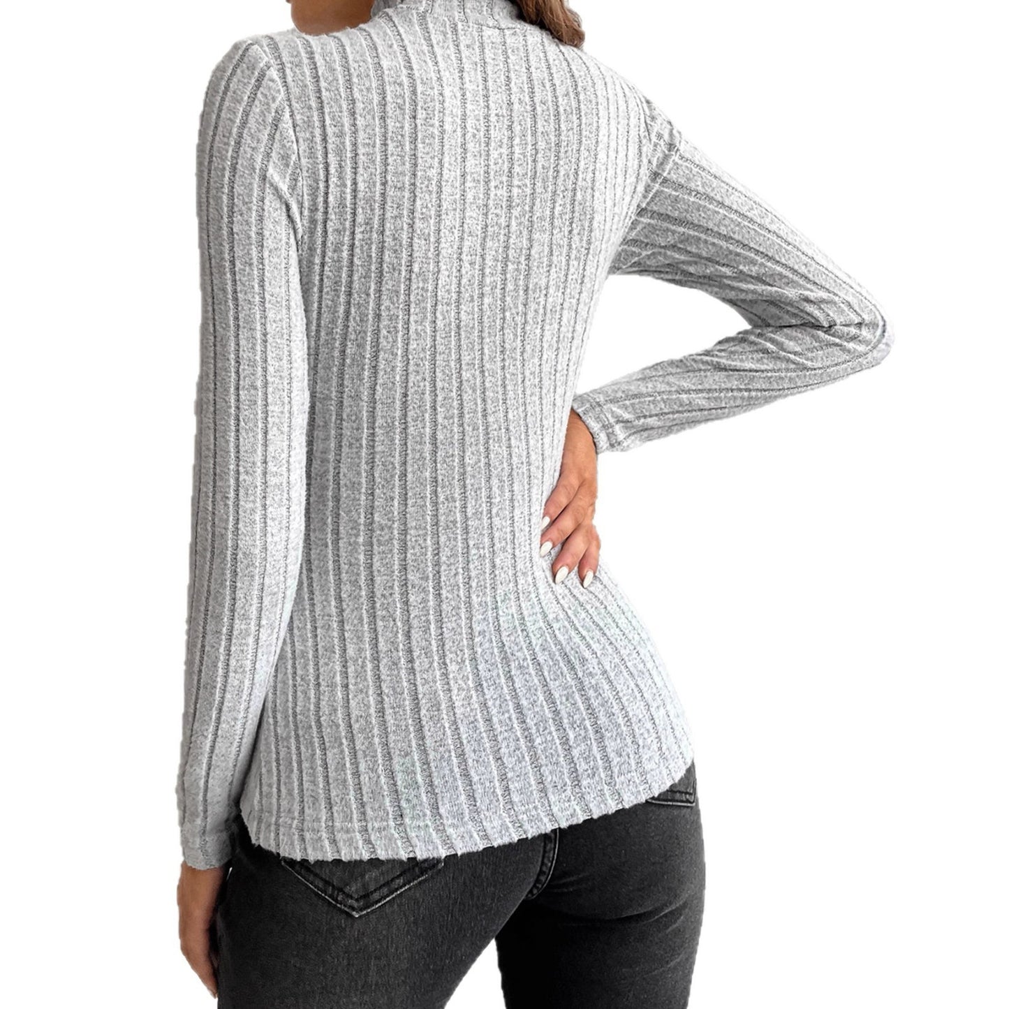 Women’s Slim Fit Striped/Plaid Long Sleeve Top – Light Gray | S–XL