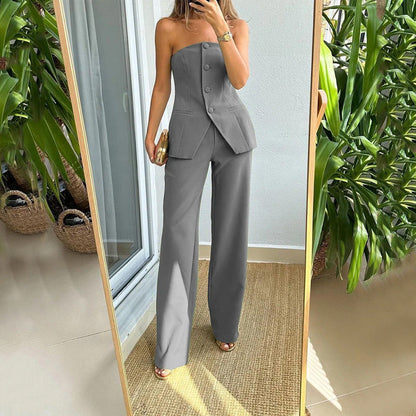Women’s Tube Top and Pants Set – Sleeveless Button Top with Straight Trousers hanyelevate