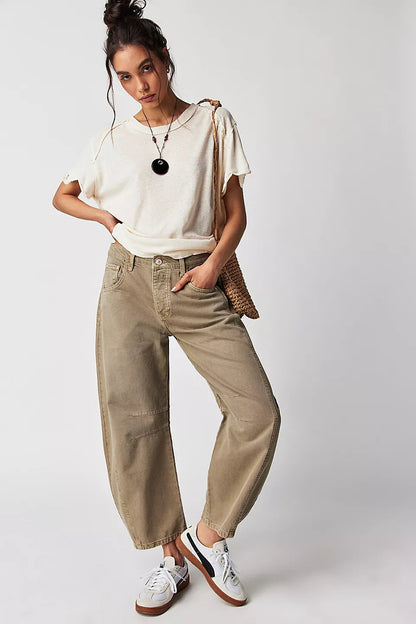 High Stretch Mid-Rise Barrel Jeans Fashion Wide Leg Shape Women Casual Baggy Mid Waist Denim Jeans hanyelevate