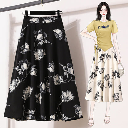 Women’s Floral Chiffon A-Line Skirt – Long Maxi Skirt | Temperament Commute Style | White & Black | M–4XL