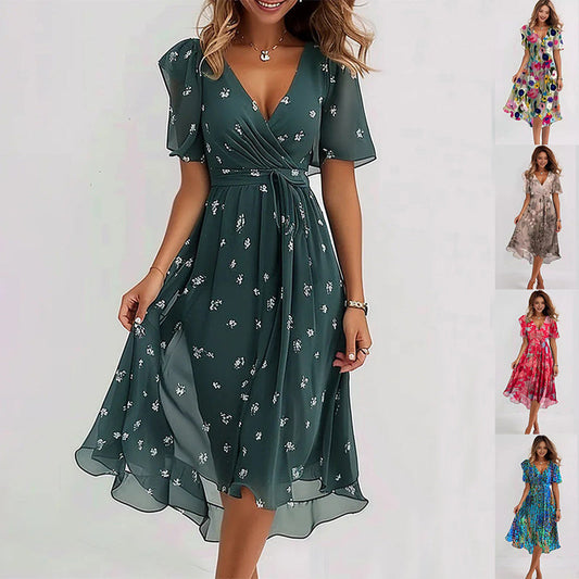 Women’s Summer Chiffon Dress – Elegant V-Neck Printed Short Sleeve Dress hanyelevate