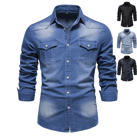 Men’s Long-Sleeve Slim Fit Denim Shirt – Casual Button-Up Top hanyelevate