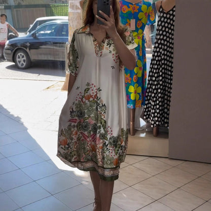 High-Waist Floral Print Lantern Sleeve Pullover Dress – Mid-Length Elegant Style