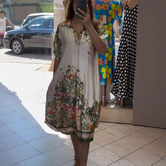 High-Waist Floral Print Lantern Sleeve Pullover Dress – Mid-Length Elegant Style