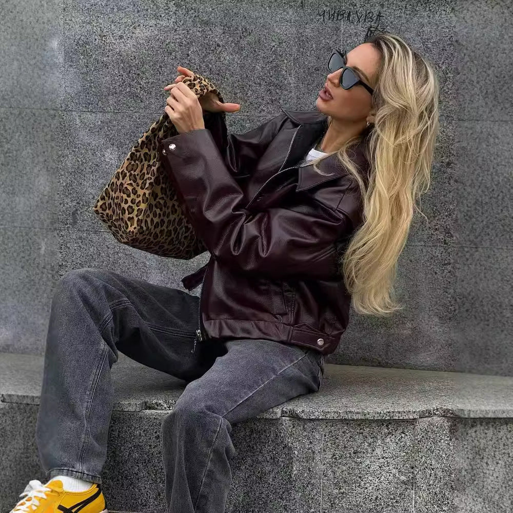 Women’s Solid Color Leather Jacket – Fashion Lapel Zipper Long Sleeve Coat hanyelevate